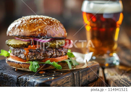 Hamburger and beer on table classic staple food pairing Hamburger and beer on table classic staple food pairing 114941521