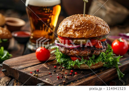 Hamburger and beer on table classic staple food pairing 114941523