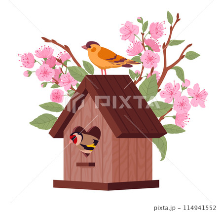 Cartoon nesting bird house. Wooden bird house on blooming tree, bird house with feeder flat vector illustration. Handcrafted birds nests on cherry tree Cartoon nesting bird house. Wooden bird house on blooming tree, bird house with feeder flat vector illustration. Handcrafted birds nests on cherry tree 114941552