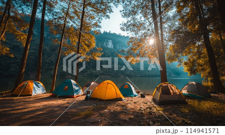 Group of Tents Set Up in Woods 114941571