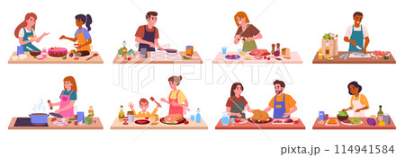 People cooking at home. Families preparing food on house table, homemade meal preparation flat vector illustration set. Cooking characters collection People cooking at home. Families preparing food on house table, homemade meal preparation flat vector illustration set. Cooking characters collection 114941584