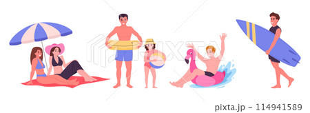 People rest on beach. Characters relaxing and playing on sandy beach, summer holiday vacation flat vector illustration. Cartoon people on beach 114941589