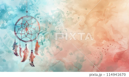 Watercolor painting depicting mesmerizing dream catcher with intricate feathers and beads hanging delicately 114941670