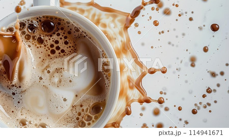 Mug of Fresh Coffee with Milk Splashing Over, Fluid Motion Background, copy space 114941671