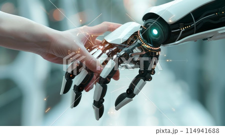 Human hand shaking robot hand on abstract background, symbolizing interaction between technology and humanity 114941688