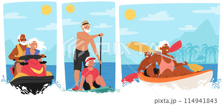 Happy Elderly Couples Enjoying Outdoor Adventures On A Sunny Day. Old Male and Female Characters Feature Jet Skiing 114941843