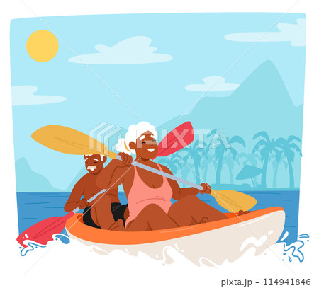 Elderly Couple Kayaking Together On A Sunny Tropical Beach, Celebrate Active Aging And The Beauty Of Outdoor Activities Elderly Couple Kayaking Together On A Sunny Tropical Beach, Celebrate Active Aging And The Beauty Of Outdoor Activities 114941846