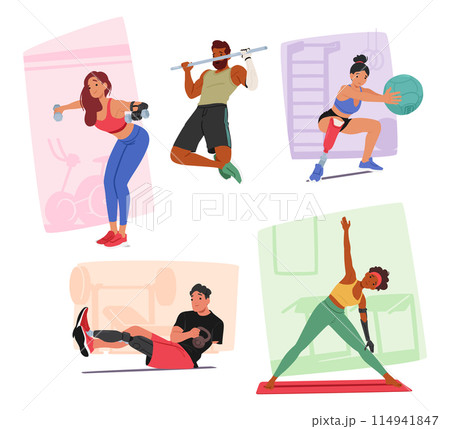 Group Of Disabled Characters Engaged In Various Gym Activities, Promoting Fitness And Inclusivity, Vector Set Group Of Disabled Characters Engaged In Various Gym Activities, Promoting Fitness And Inclusivity, Vector Set 114941847