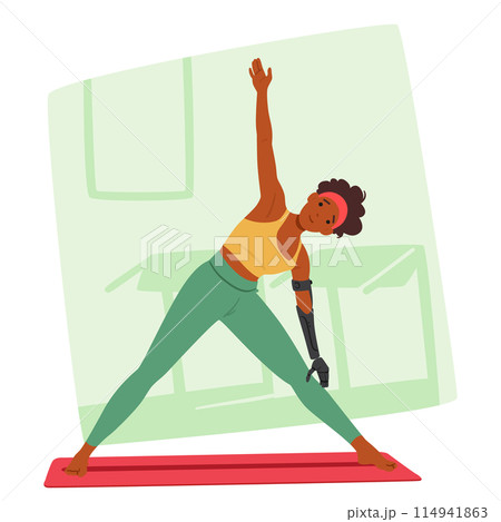 Determined Female Athlete With A Prosthetic Arm Practices Yoga In Gym, Showcasing Strength And Flexibility Determined Female Athlete With A Prosthetic Arm Practices Yoga In Gym, Showcasing Strength And Flexibility 114941863