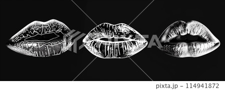 Cool grungy y2k lips set negative photocopy effect isolated on black. Ai generative. Cool grungy y2k lips set negative photocopy effect isolated on black. Ai generative. 114941872