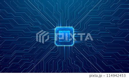 Circuit background with a gloving computer chip in the center.  114942453