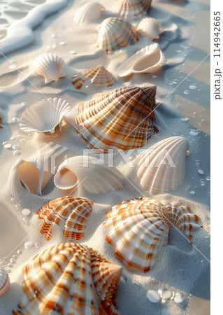Seashells scattered on a sandy beach 114942665