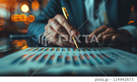 A businessman studying a stock market report, holding a pen in his hand 114942673