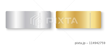 Silver and gold empty tickets mockups. Raffle, win lottery, coupon offer, jackpot lotto metallic surface. Cards for entrance or seating in exclusive luxury style. Vector realistic illustration Silver and gold empty tickets mockups. Raffle, win lottery, coupon offer, jackpot lotto metallic surface. Cards for entrance or seating in exclusive luxury style. Vector realistic illustration 114942759