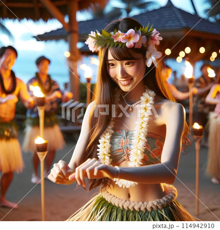 ハワイアン・ルアウでフラダンスを習う20歳の日本人女性を生成で描きました ハワイアン・ルアウでフラダンスを習う20歳の日本人女性を生成で描きました 114942910