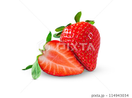 Slices of cut ripe red strawberries close-up, on a white background. Slices of cut ripe red strawberries close-up, on a white background. 114943034