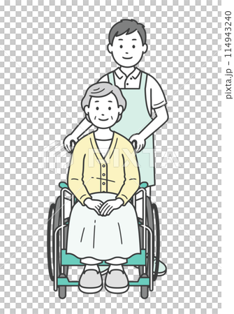 車椅子の女性高齢者を介助する介護士男性のイラストセット 114943240