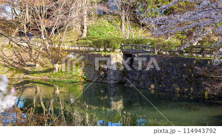 春の弘前城公園 中濠に架かる石橋と桜 青森県 春の弘前城公園 中濠に架かる石橋と桜 青森県 114943792