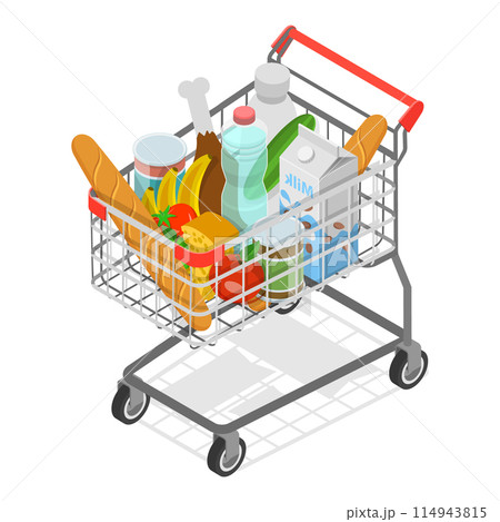 3D Isometric Flat Illustration of Shopping Bags, Different Grocery Sets. Item 4 3D Isometric Flat Illustration of Shopping Bags, Different Grocery Sets. Item 4 114943815