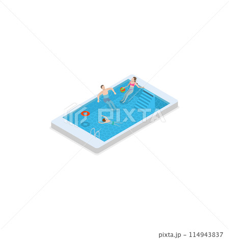 3D Isometric Flat Vector Set of Pool Swimmers, Water Activities. Item 8 114943837