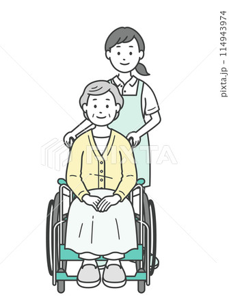 車椅子の女性高齢者を介助する介護士女性のイラストセット 車椅子の女性高齢者を介助する介護士女性のイラストセット 114943974