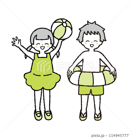 ビーチボールを持つ女の子と浮き輪を持つ男の子のイラスト 114945777