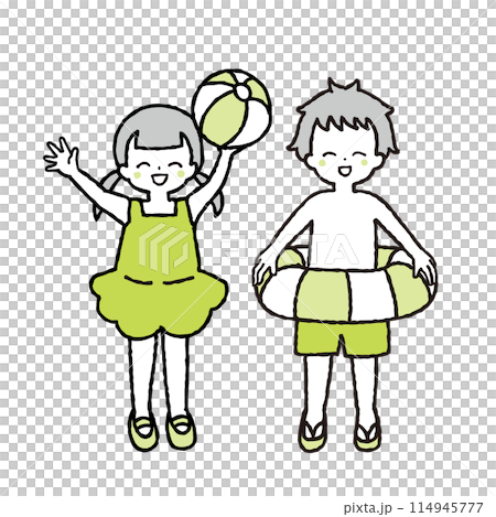 Illustration of a girl holding a beach ball and a boy holding a swim ring 114945777