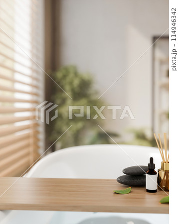 A space for displaying products on a wooden bathtub tray on a bathtub in a contemporary bathroom. 114946342