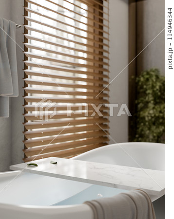 A space for displaying products on a white marble bathtub tray on a luxury bathtub in a bathroom. 114946344