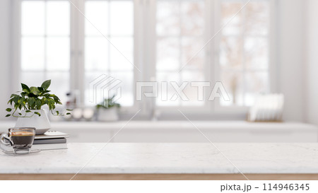 A space for displaying products on a white marble tabletop in a modern white living room. A space for displaying products on a white marble tabletop in a modern white living room. 114946345