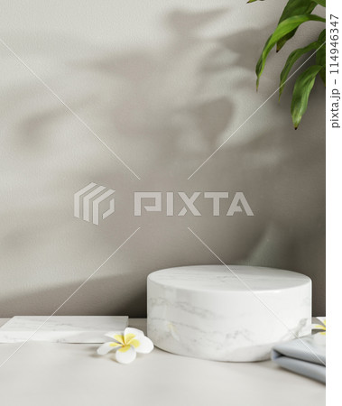 Circle and rectangle white marble podiums are on a white table against the white wall. Circle and rectangle white marble podiums are on a white table against the white wall. 114946347