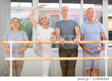 Active mature attendees of ballet courses demonstrating different positions standing by ballet-barre 114946364