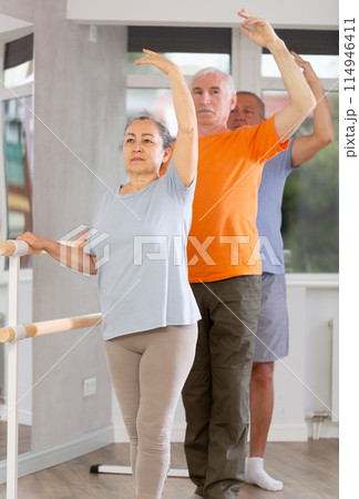 Active mature woman practicing third position holding by ballet barre together with others Active mature woman practicing third position holding by ballet barre together with others 114946411