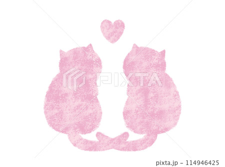 2匹の猫のシルエット　ハート　春カラー 114946425