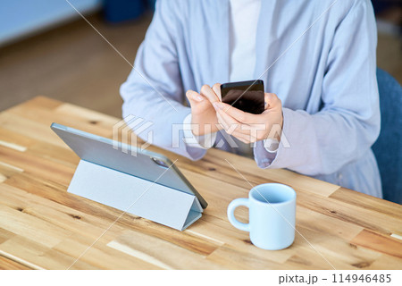 タブレットPCとスマートフォンを操作する女性 タブレットPCとスマートフォンを操作する女性 114946485