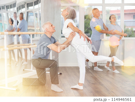 Mature man and woman practicing arabesque position of ballet in pair in dance studio 114946561