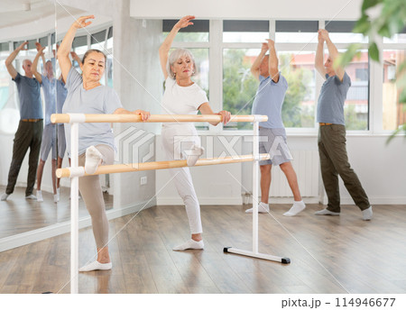 Elderly active women perform various ballet positions at the barre, men in background perform body stretching 114946677