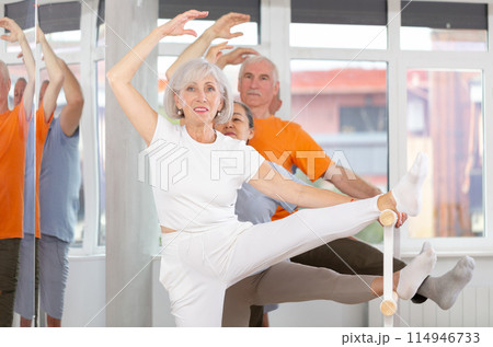 Active mature woman practicing leg stretching holding by ballet barre together with others Active mature woman practicing leg stretching holding by ballet barre together with others 114946733