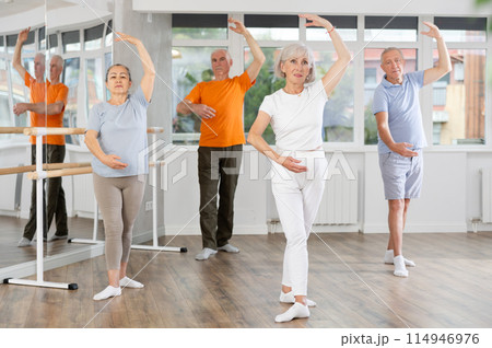 Group of elderly people of different ages are learning various dance and ballet movements in studio Group of elderly people of different ages are learning various dance and ballet movements in studio 114946976