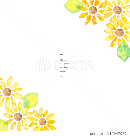 水彩画。手描きの水彩ひまわりイラスト。向日葵のベクターイラスト。夏のポストカードフレーム。 114947072