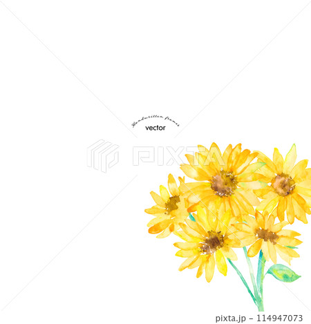 水彩画。手描きの水彩ひまわりイラスト。向日葵のベクターイラスト。夏のポストカードフレーム。 114947073