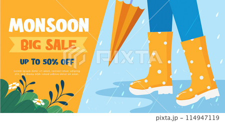 Rainy weather. Rubber boots. Monsoon elements. Spring symbols isolated. Vector illustration. 114947119