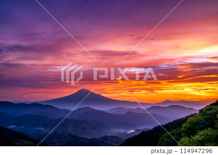 清水吉原から見た朝焼け空と富士山 114947296