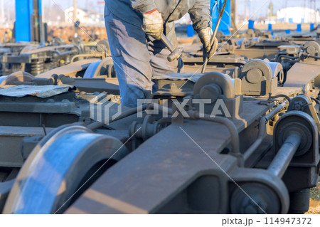 On railway junction, railway car wheelsets were waiting for repairs 114947372