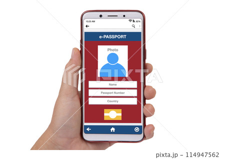 Someone using e-passport showing on smartphone screen. Someone using e-passport showing on smartphone screen. 114947562