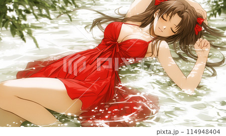 夏の小川に寝そべり男性を誘っている若い女性