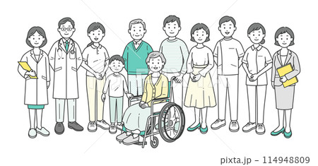 高齢者夫婦と家族と医師と看護師と介護士とケアマネージャー栄養士が集合した全身イラスト 114948809