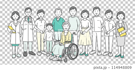 一對老年夫婦、家人、醫生、護士、護理人員和護理經理營養師的全身插圖 114948809