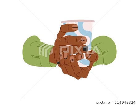 Hands of man with monochrome geometric nails design. Vector illustration. Male manicure concept. Paper cup in hands. 114948824