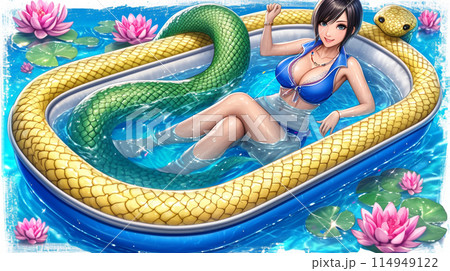 蛇型プールに入っている色っぽい女性